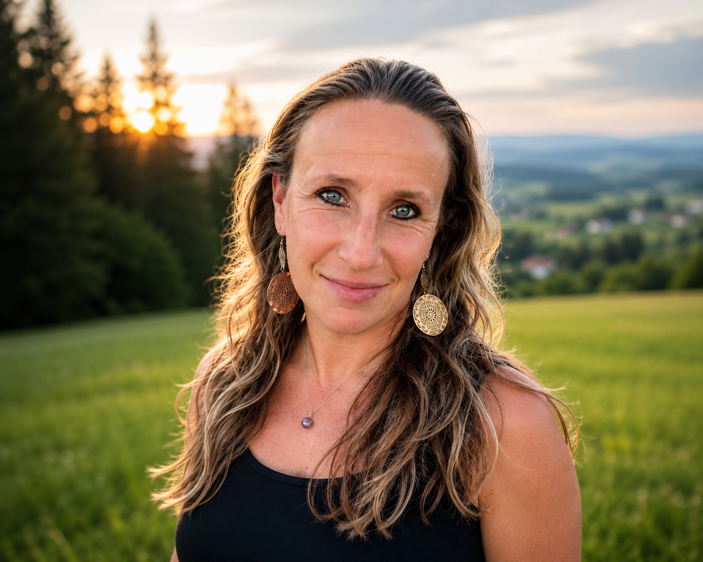Anja in einer grünen Landschaft im warmen Abendlicht